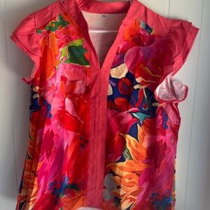 Red Graphic Ruffled Cap Sleeve Blouse